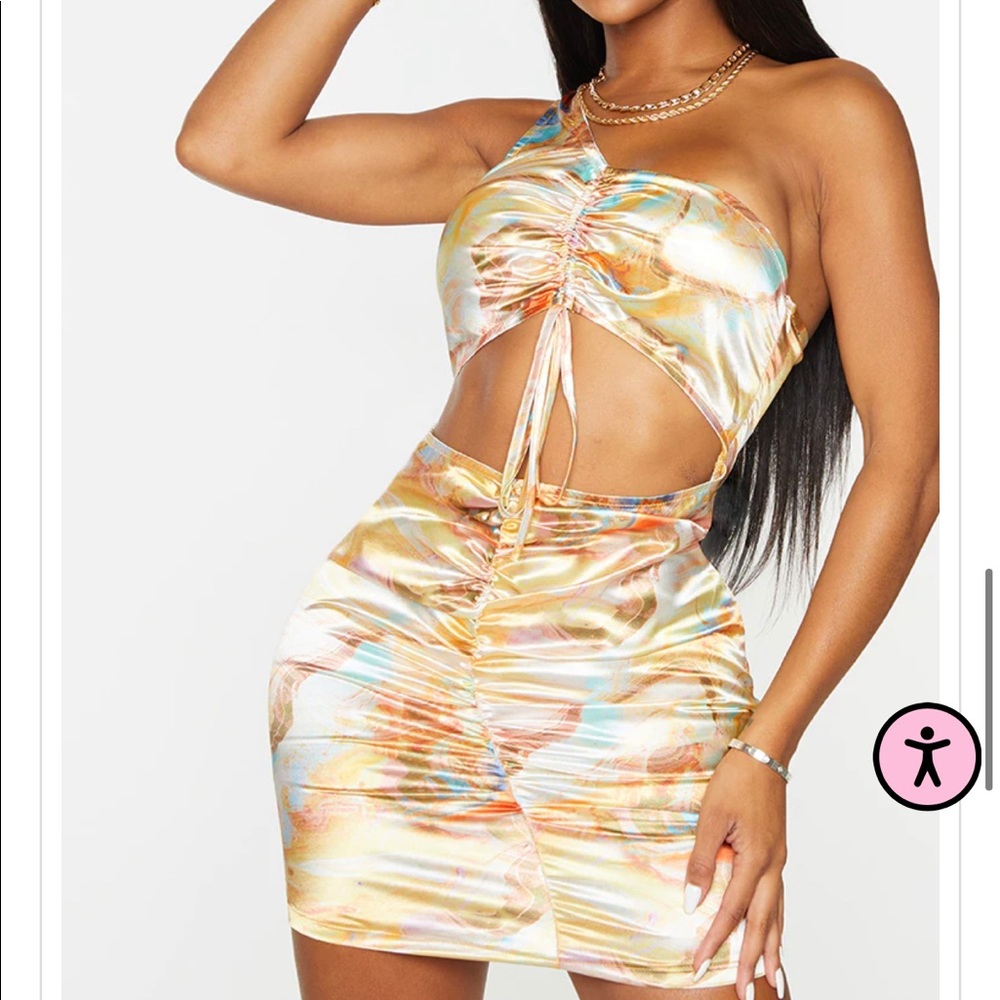 Shape Multi Marble Print Satin One Shoulder Ruched Cut Out